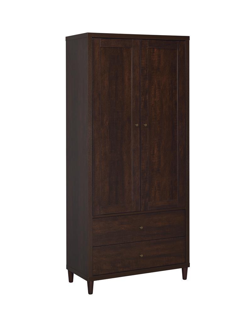 Wadeline 2-Door Tall Accent Cabinet Rustic Tobacco open doors showing shelves