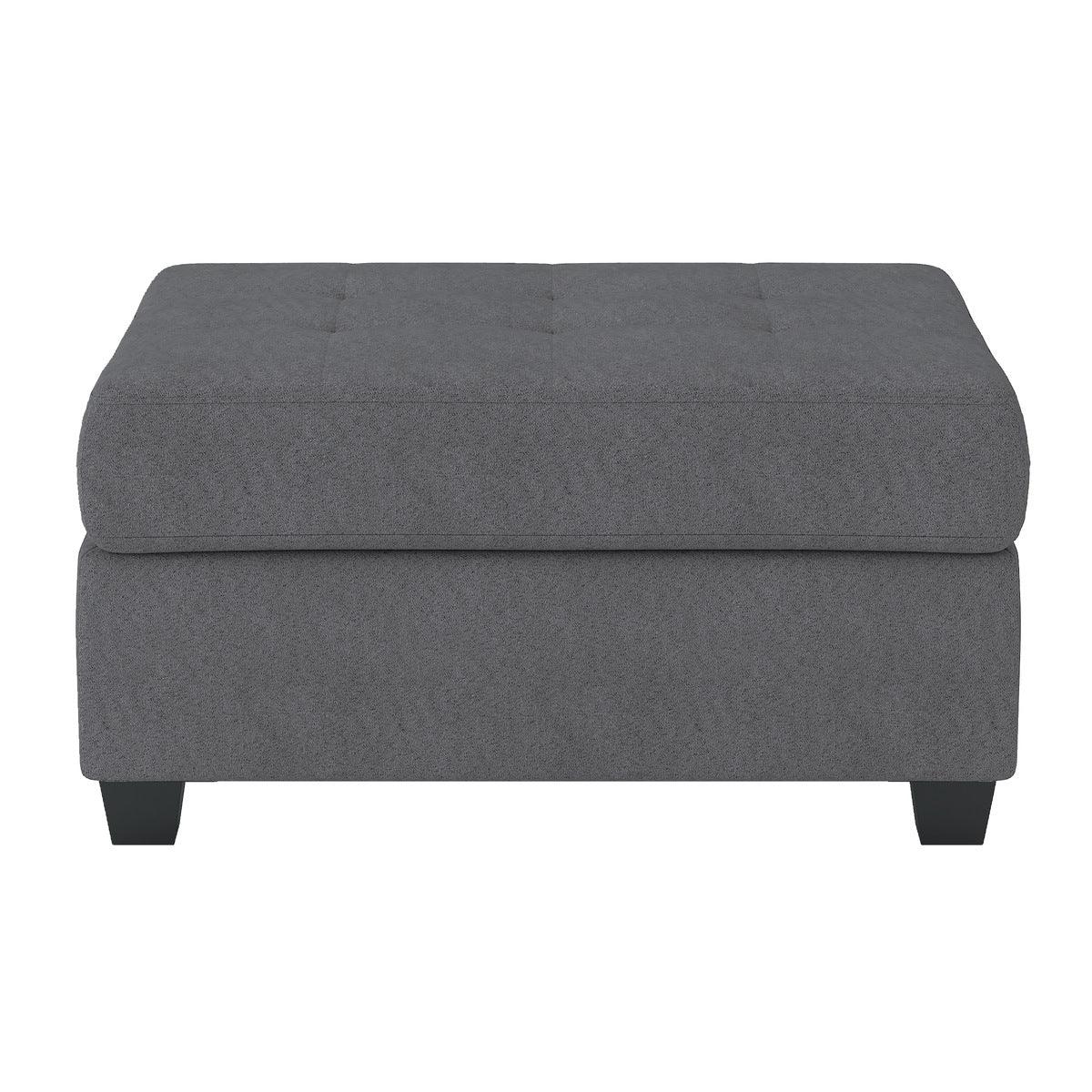 Detail of storage ottoman with Maston Gray fabric
