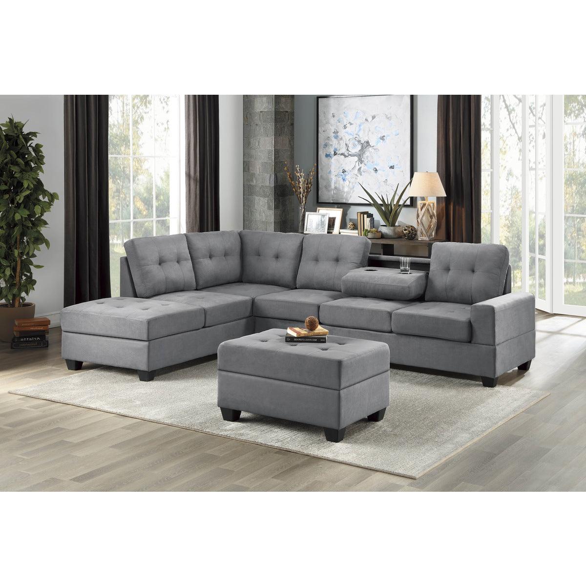 Side perspective showing storage ottoman and reversible sectional