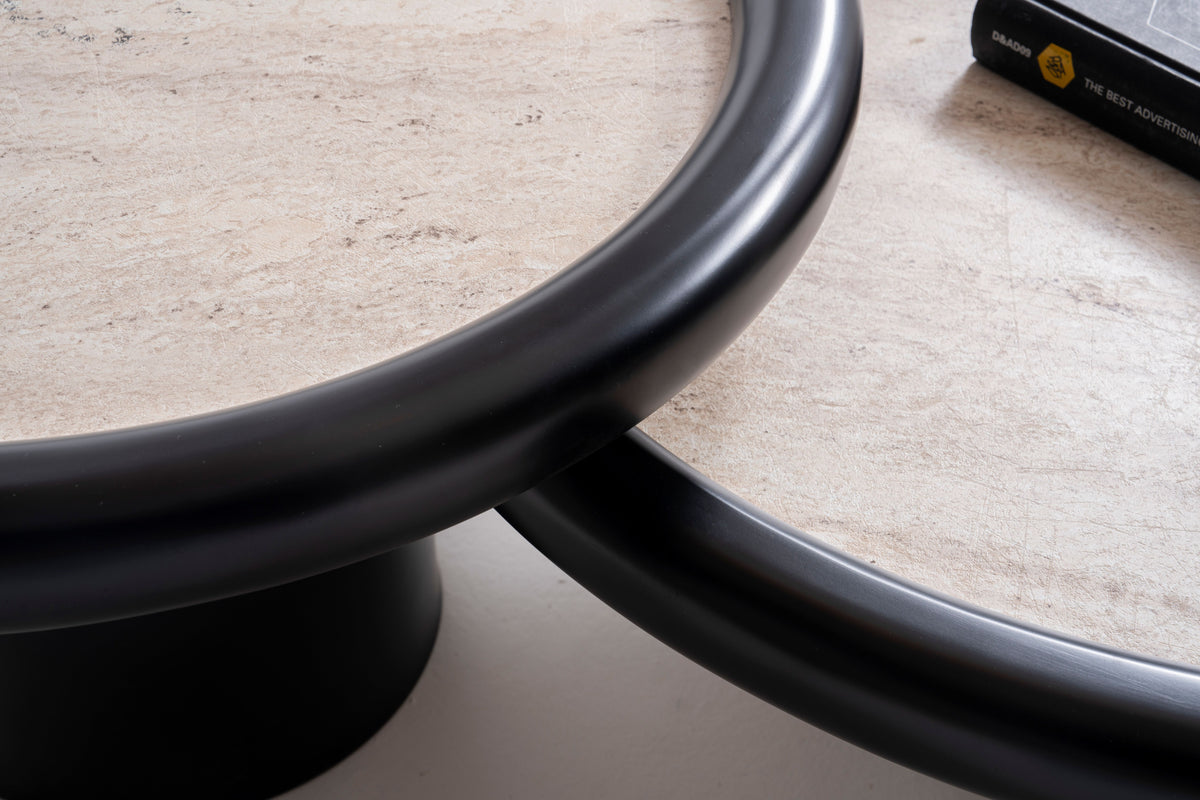 Close-up of black travertine table surface texture