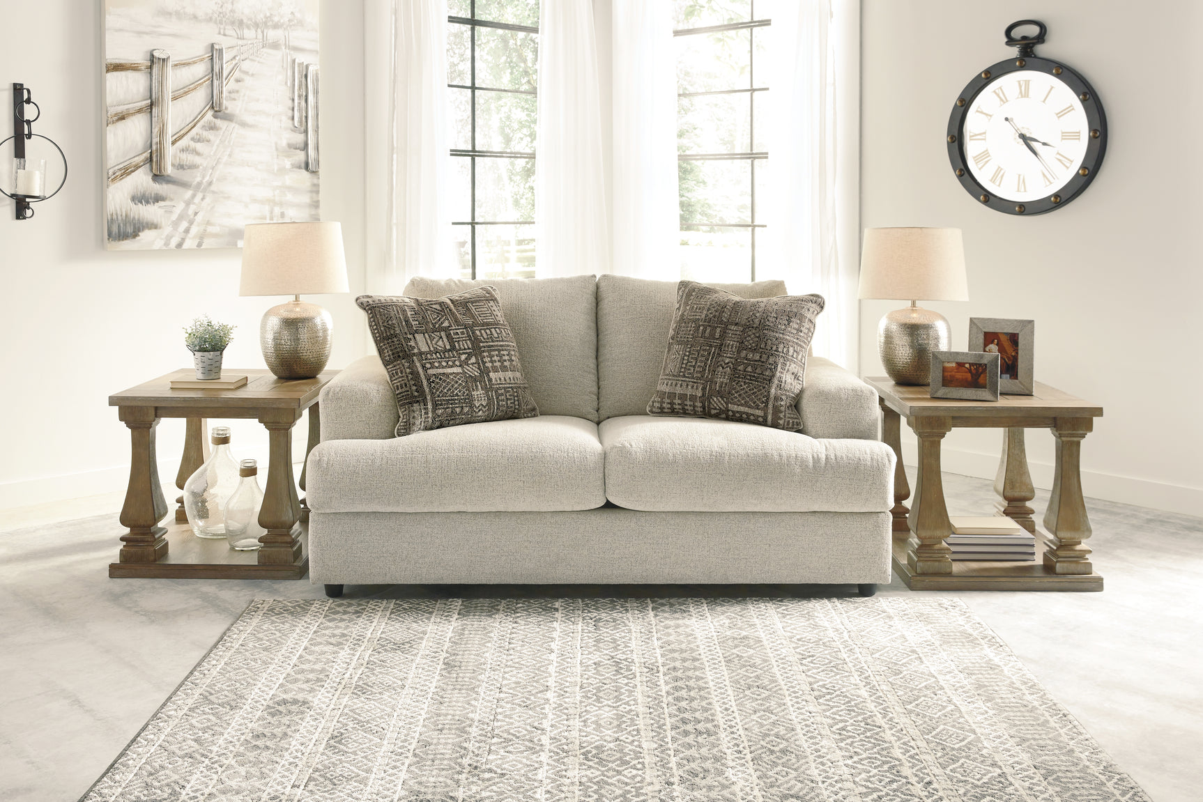 Soletren loveseat in living room setting with matching sofa