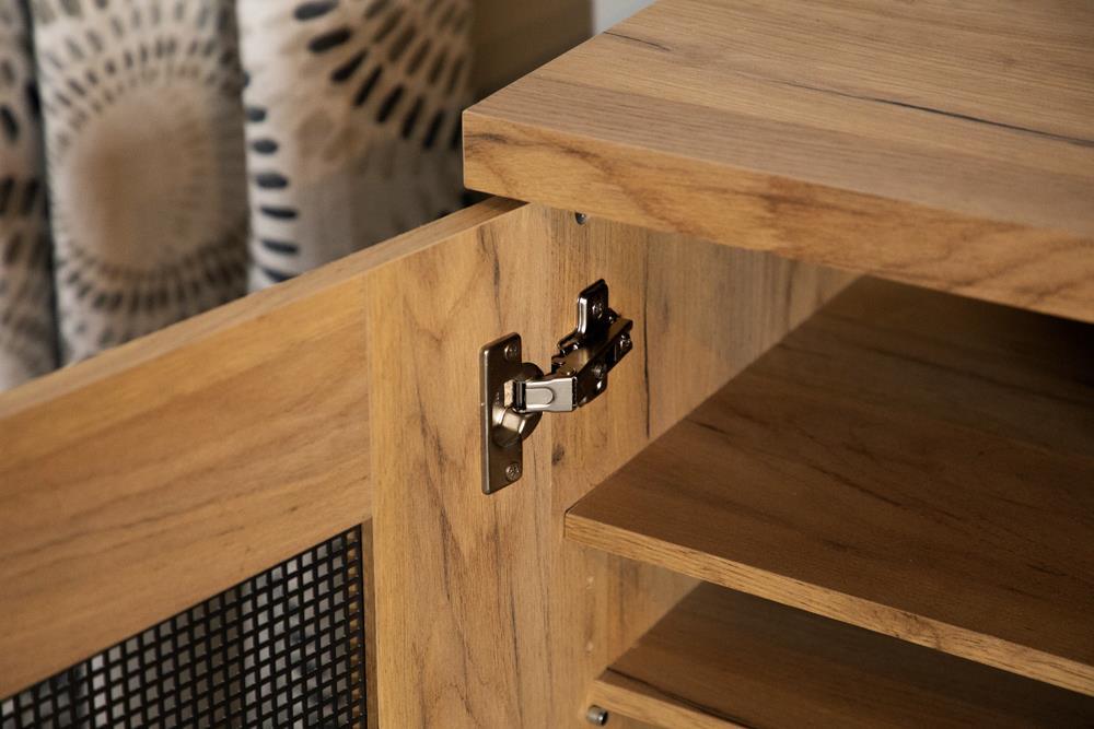 Top view of Bristol golden oak shoe cabinet with metal mesh doors