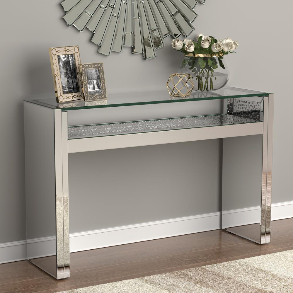 Edna mirrored acrylic silver console table front angle with LED lighting