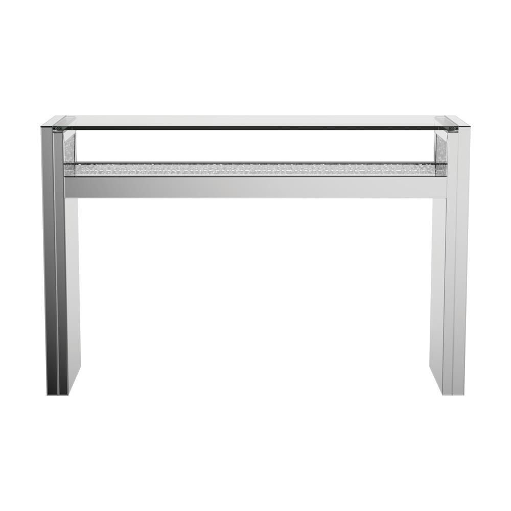 Close-up of Edna console table silver mirrored glass top and LED lighting