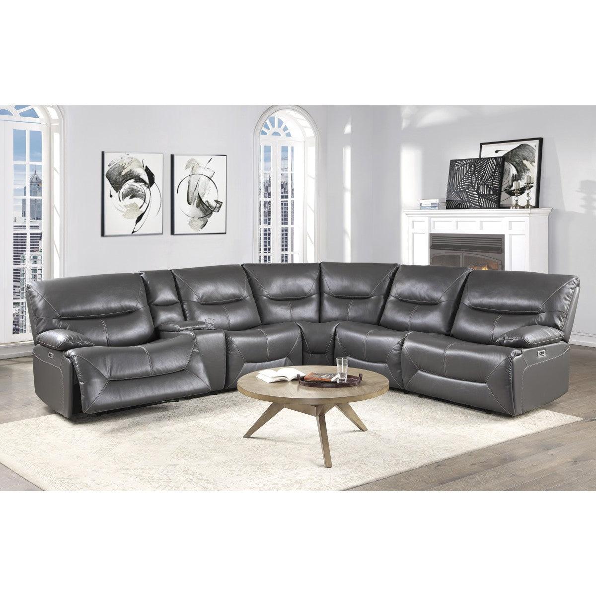 Dyersburg Gray Solid Wood Premium Faux Leather Upholstery 6-Piece Power Reclining Sectional - Ella Furniture