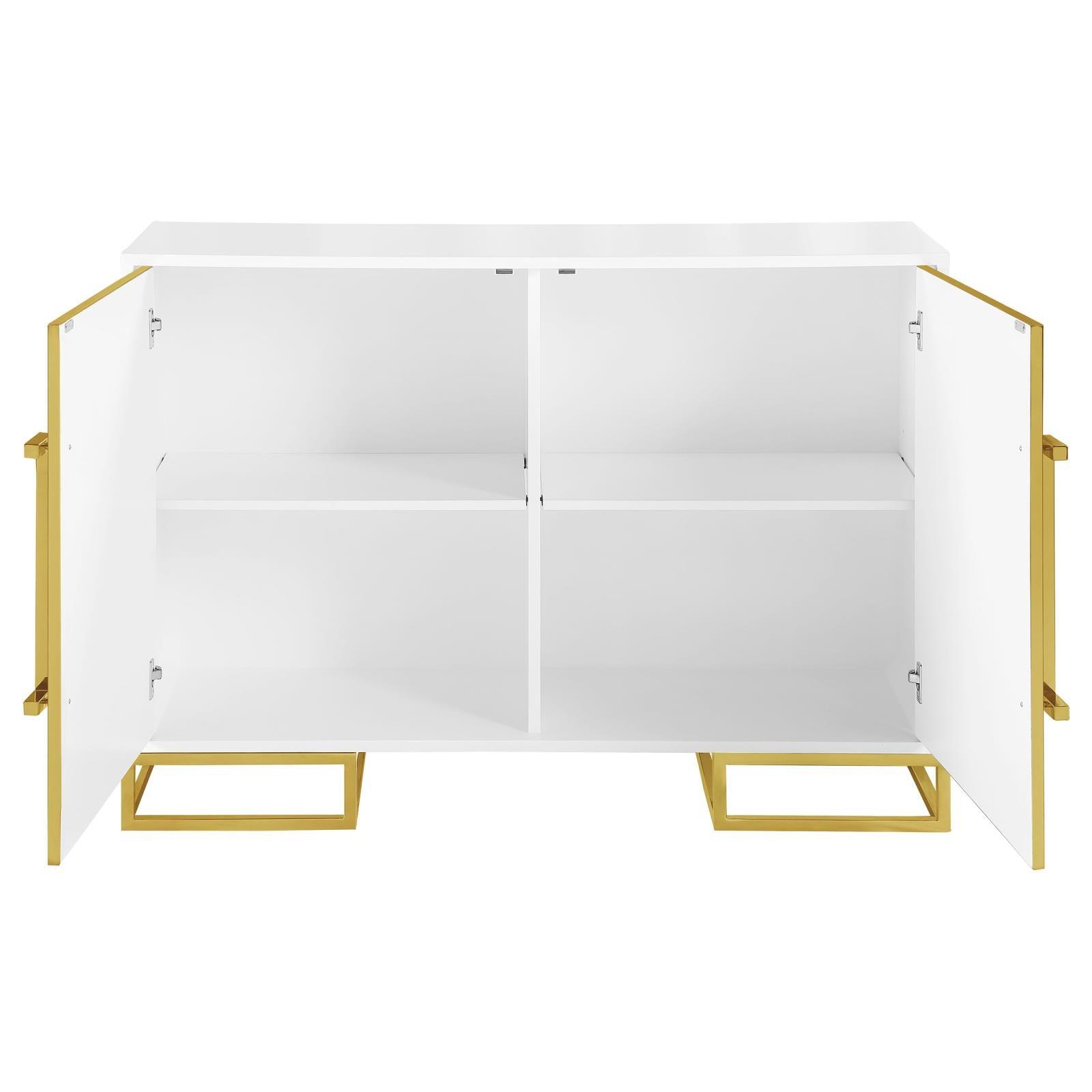 Open cabinet doors showing adjustable shelves