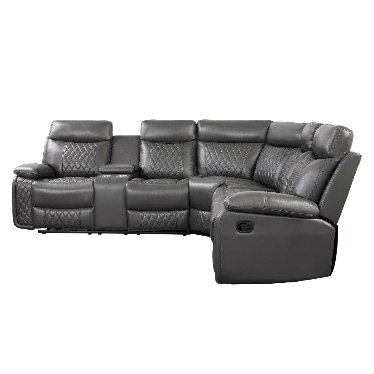 Side angle of Socorro Gray Faux Leather 3-Piece Reclining Sectional