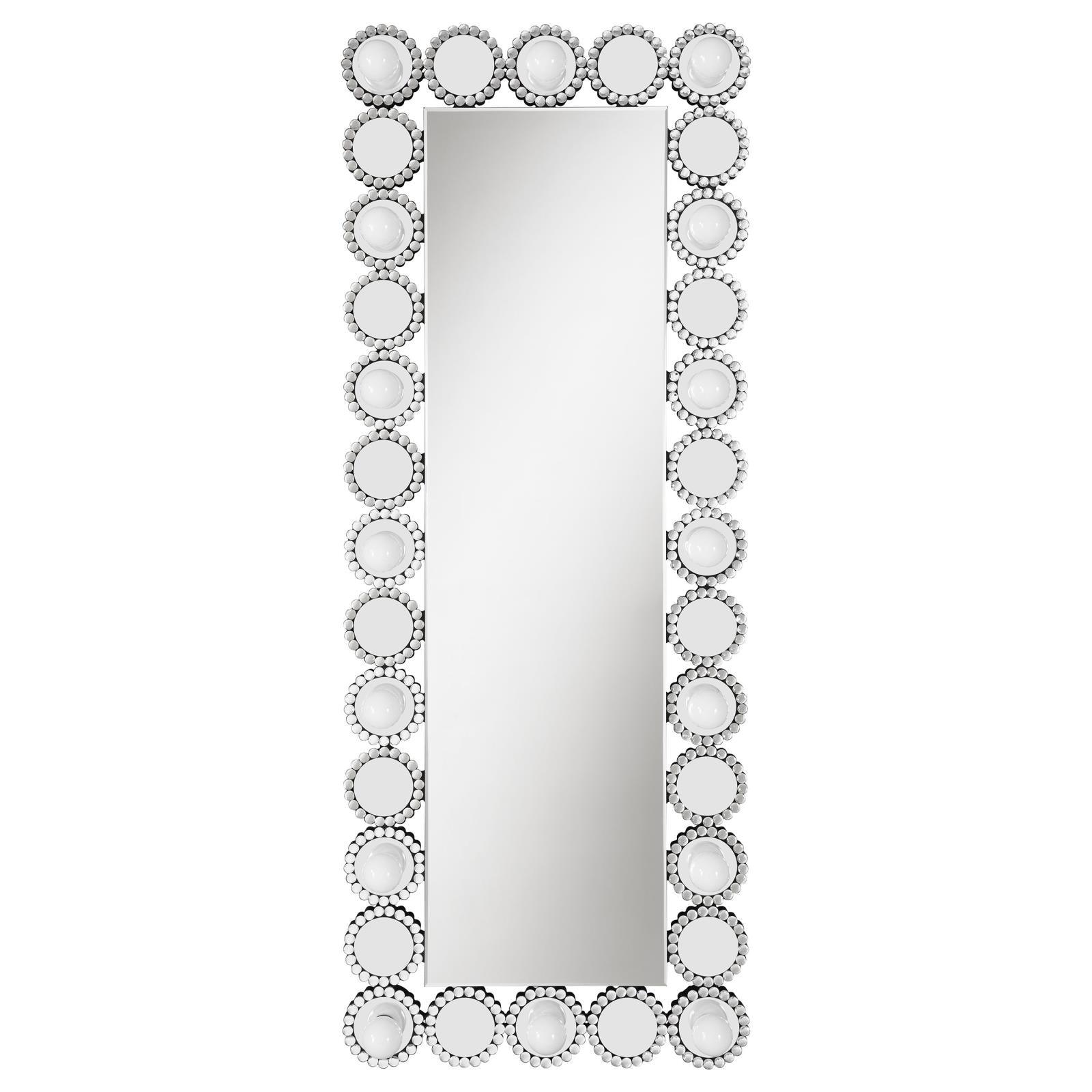 Close-up of Hollywood inspired round mirror tiles and crystal trim