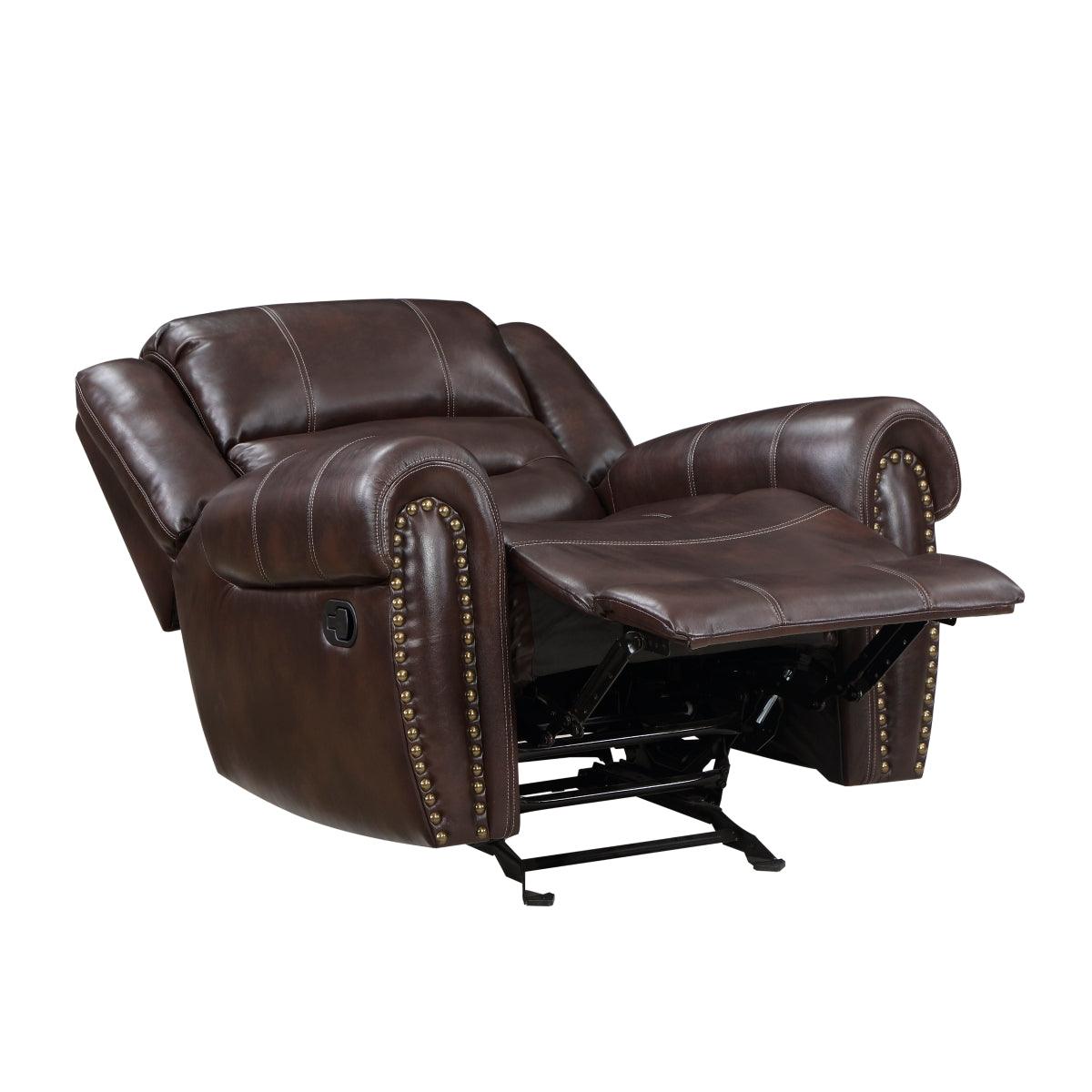 Center Hill Brown Faux Leather Glider Reclining Chair gliding motion