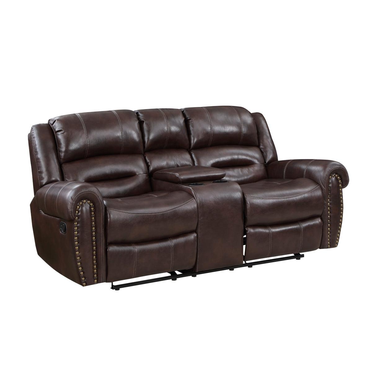 Center Hill Brown Faux Leather Double Glider Reclining Love Seat, side angle
