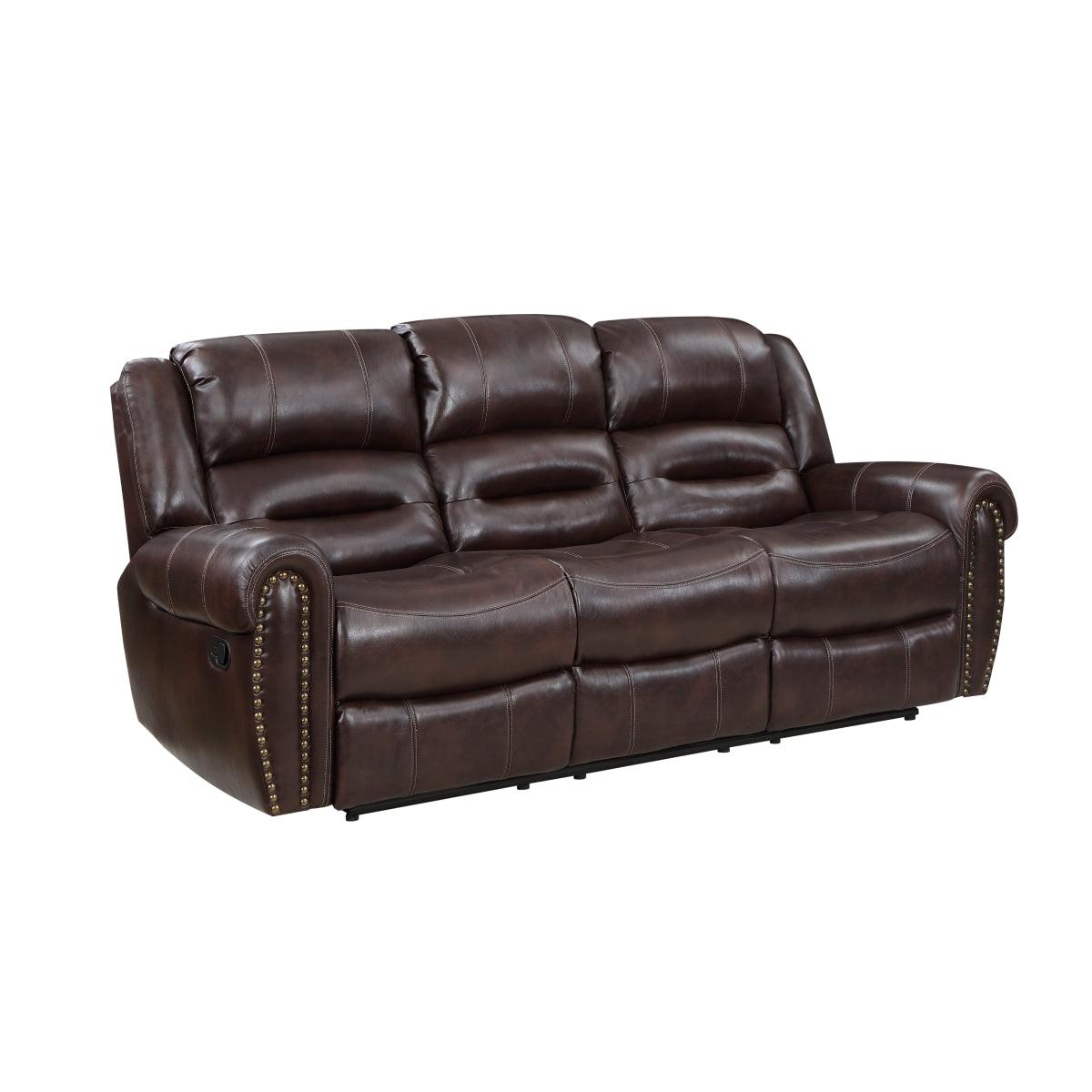 Center Hill Brown Faux Leather Double Reclining Sofa side view showing recline