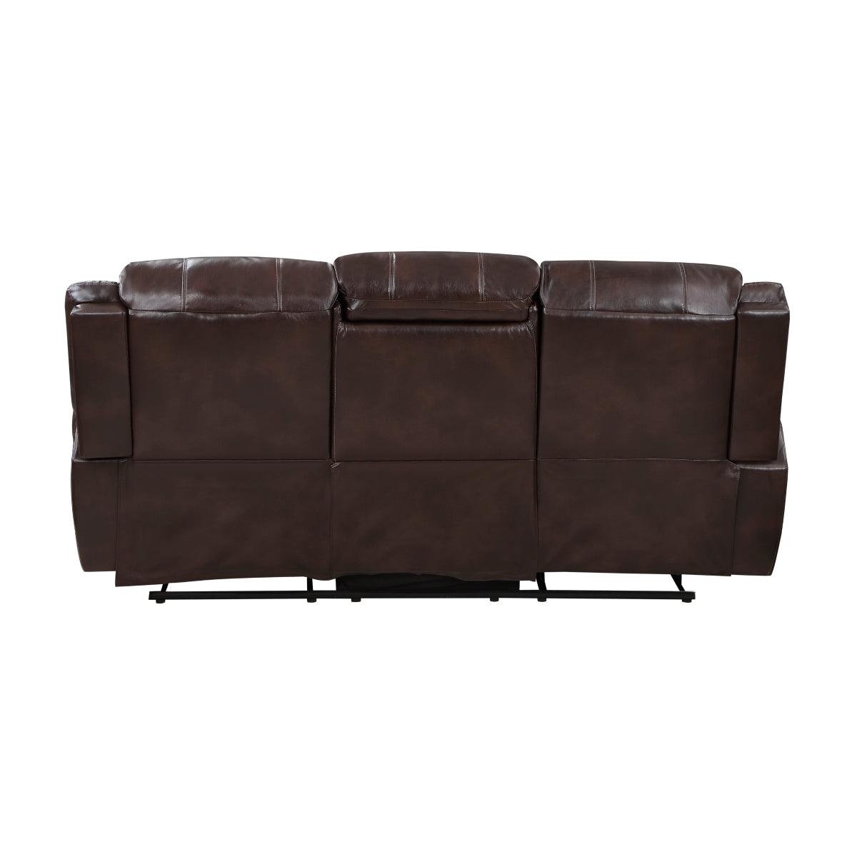 Center Hill Brown Faux Leather Double Reclining Sofa close-up of nailhead trim