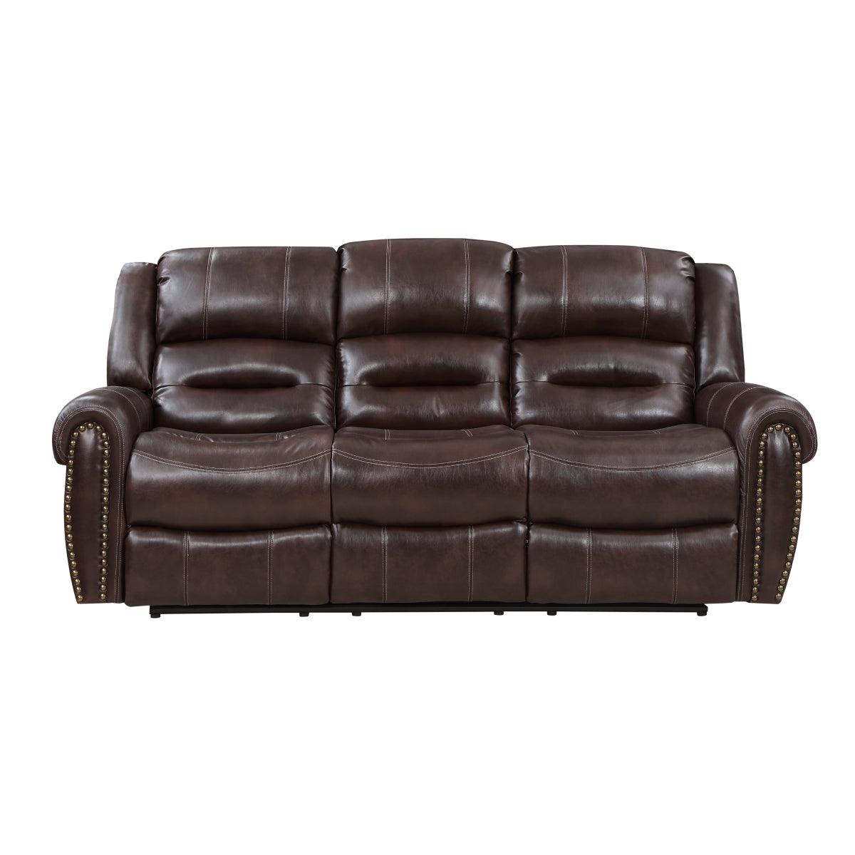Center Hill Brown Faux Leather Double Reclining Sofa front angle