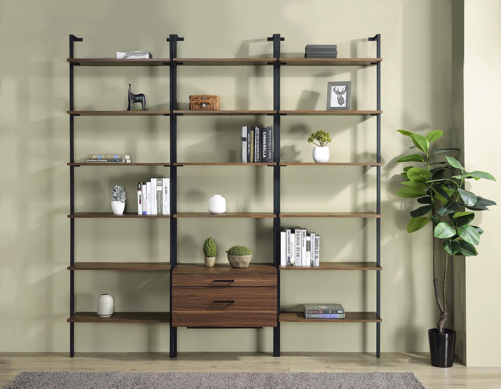 Owens bookshelf set detail showing walnut finish and metal frame