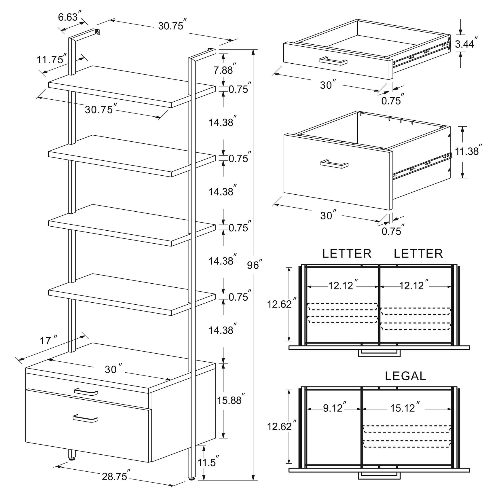 Side profile showing slim wall-mounted design of Owens bookshelf