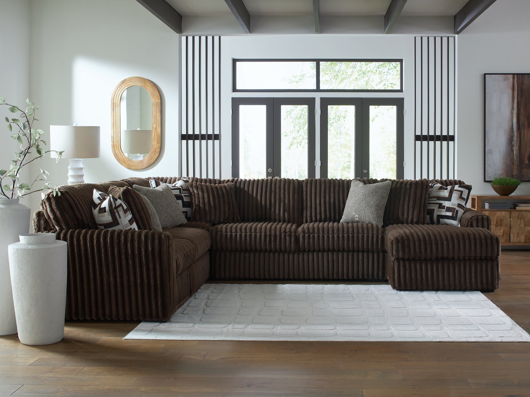 Close detail view of Midnight-Madness Chocolate Velvet 4-Piece Sectional Sofa with Chaise