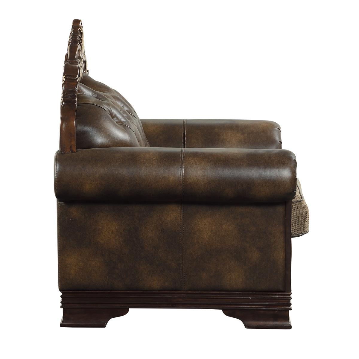 Alternate side view of Croydon Brown Faux Leather and Chenille Fabric Tufted Love Seat
