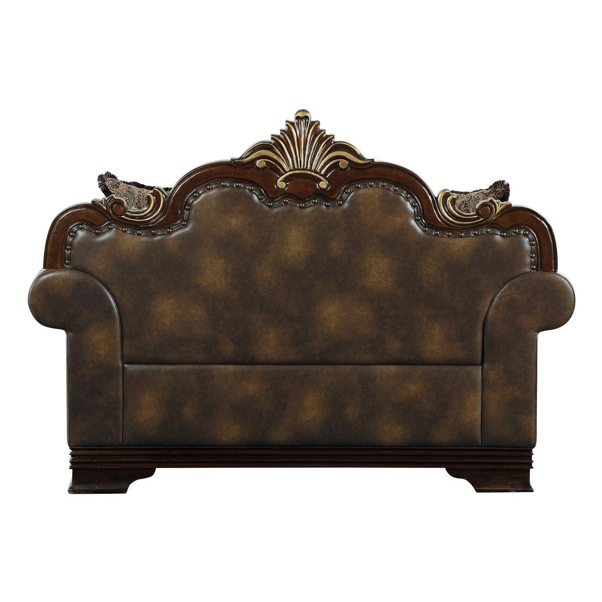 Back view of Croydon Brown Faux Leather and Chenille Fabric Tufted Love Seat showing button tufting