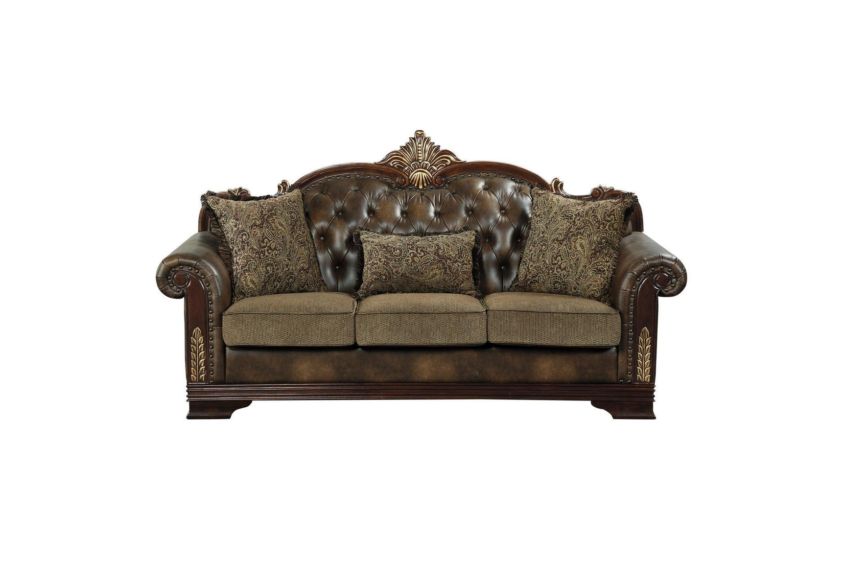Close-up detail of tufted chenille fabric and faux leather upholstery