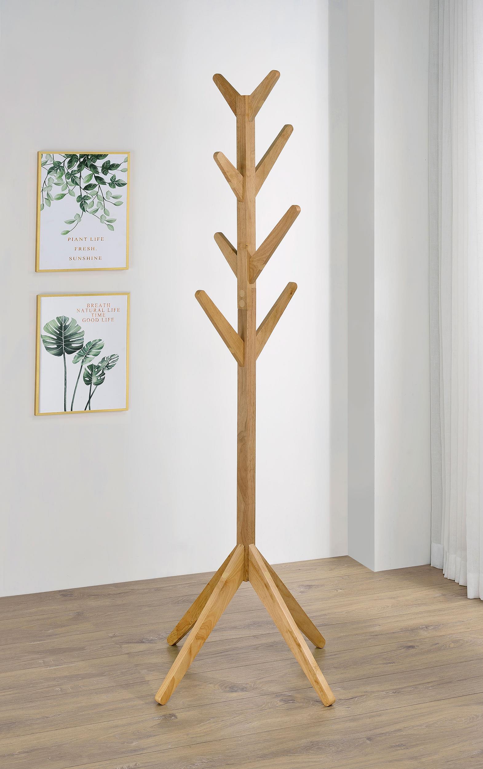 Side angle of Margaret solid rubberwood coat rack in natural oak