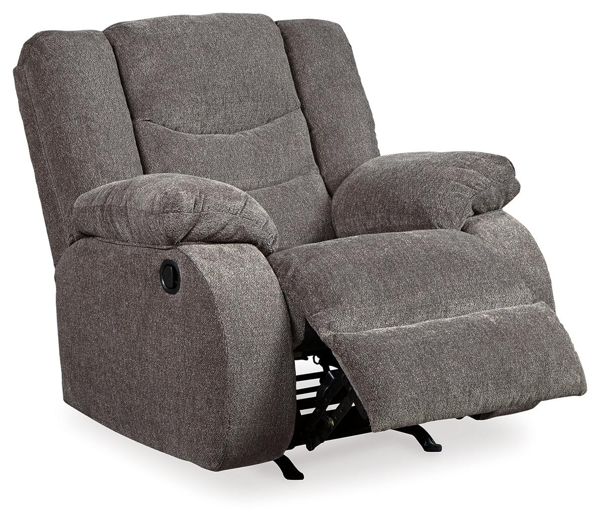 Tulen Gray Chenille Recliner - open position side view