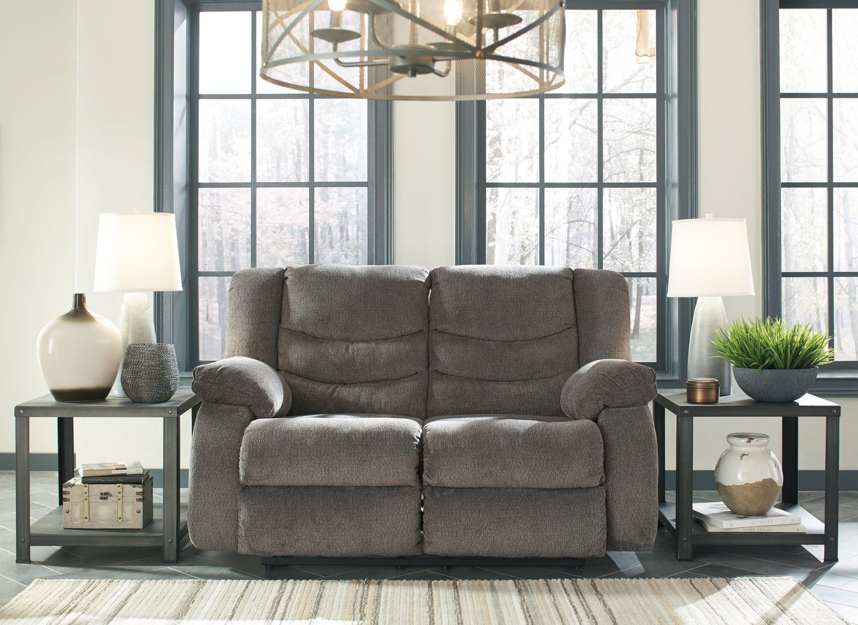 Tulen Gray Chenille Reclining Loveseat - Ella Furniture