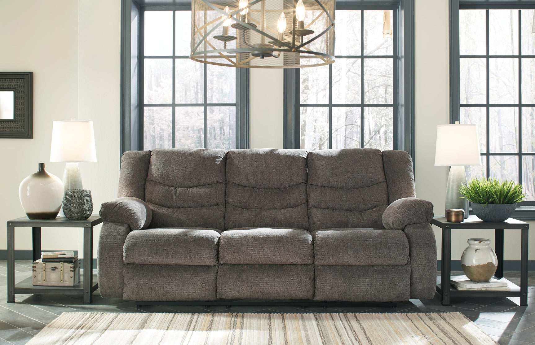 Tulen Gray Chenille Reclining Sofa seating area close-up