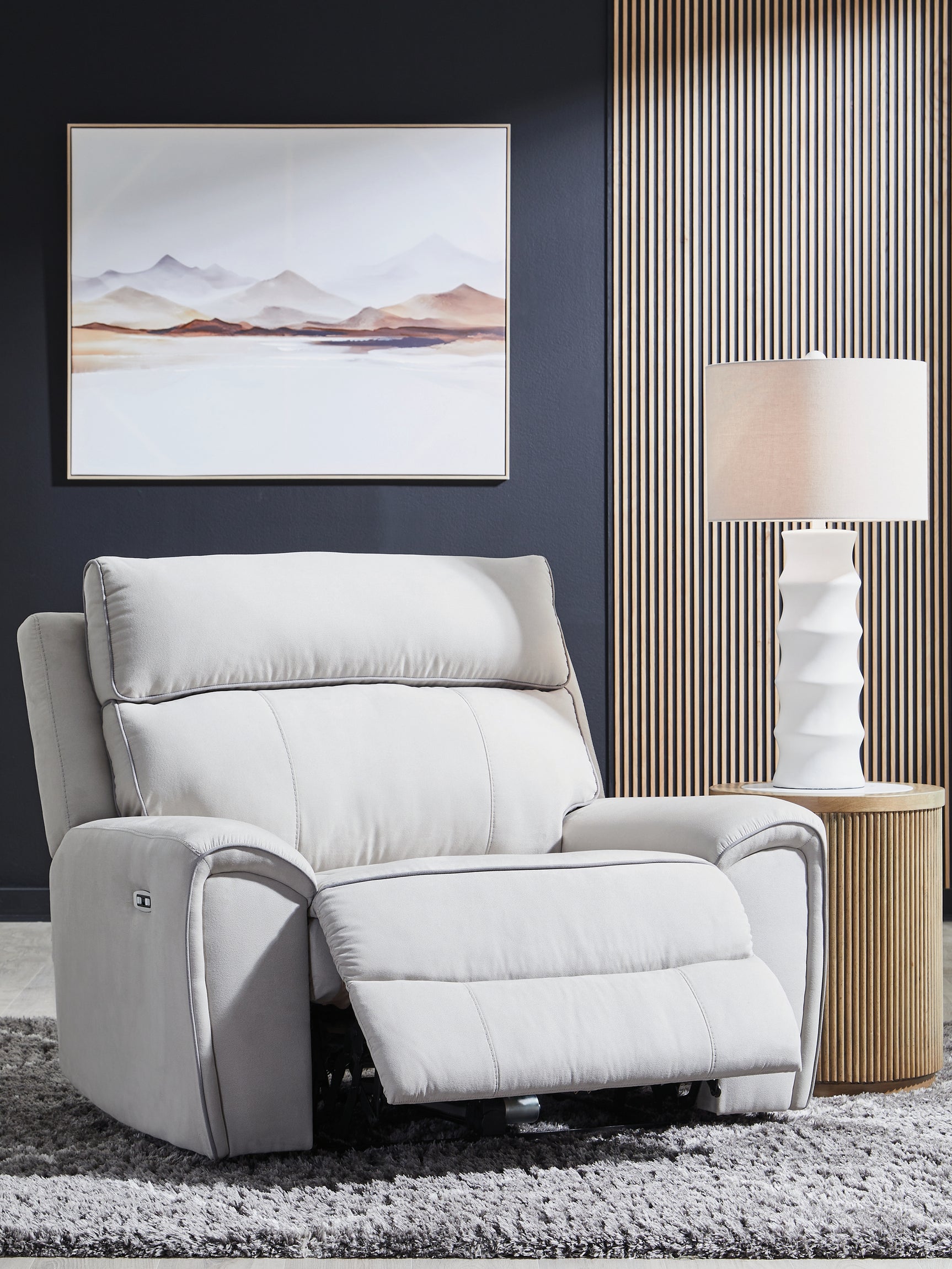 Social Pointe Pearl/Ash Chenille Power Recliner reclined with footrest extended