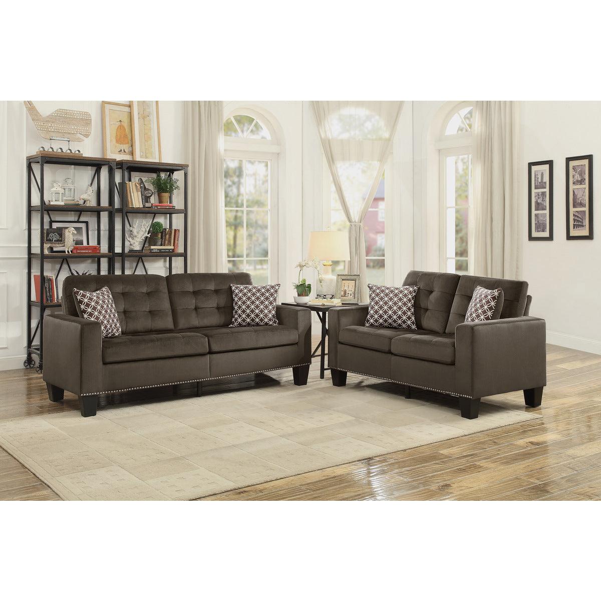 Side perspective of Lantana Chocolate Tufted Sofa