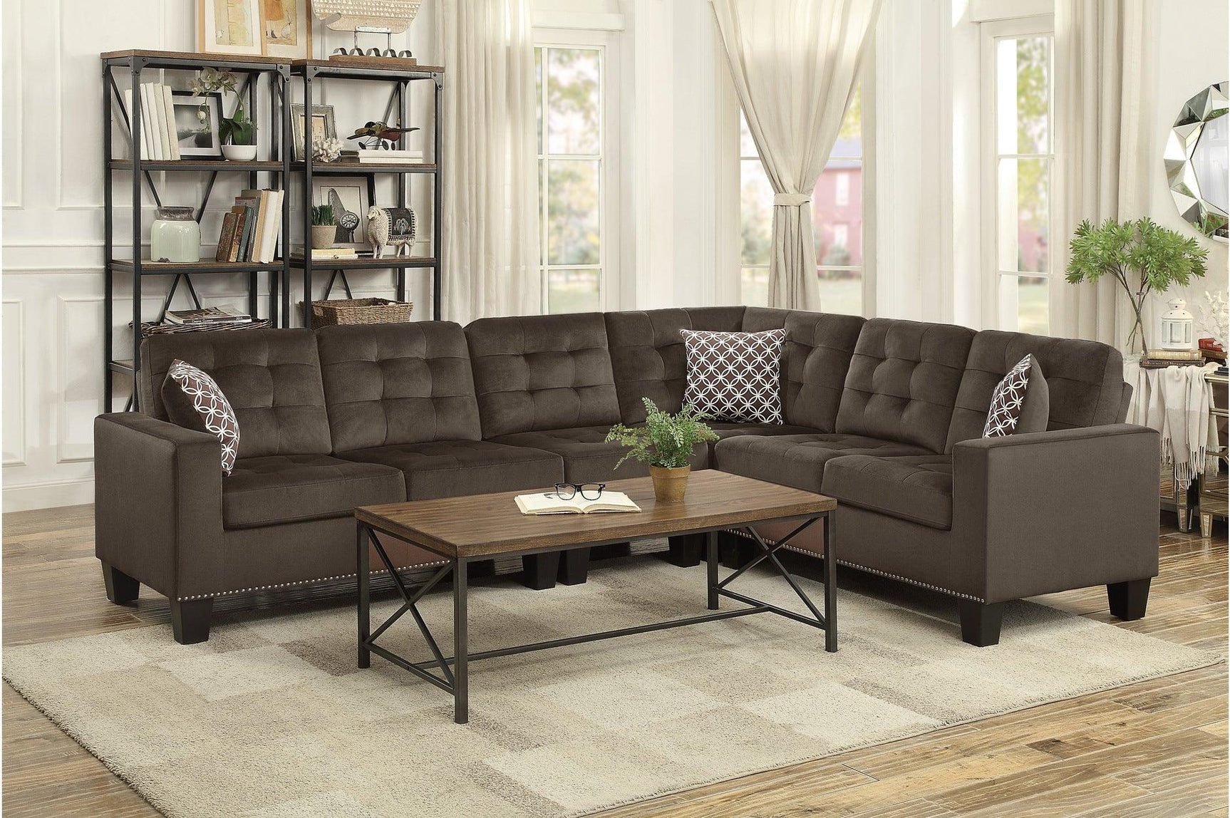Detail of tufted fabric on Lantana chocolate sofa and loveseat