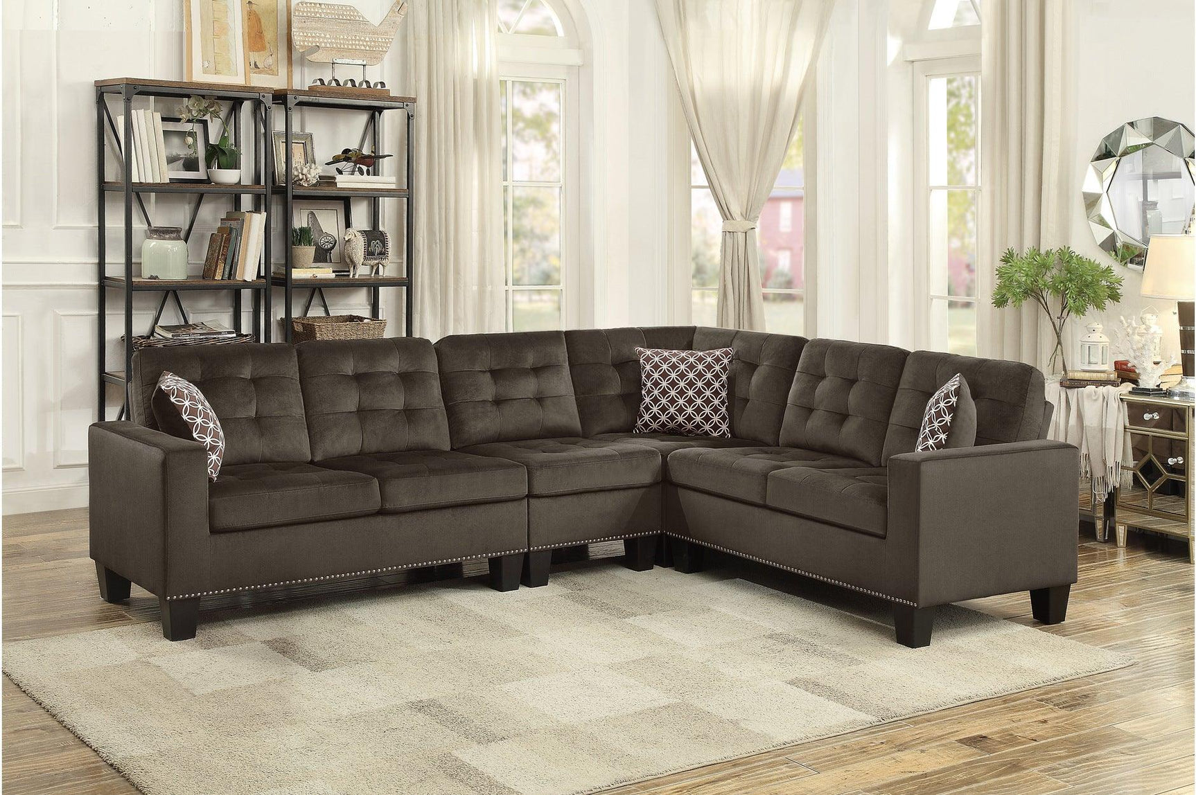 Front view of Lantana chocolate fabric tufted sofa and loveseat set