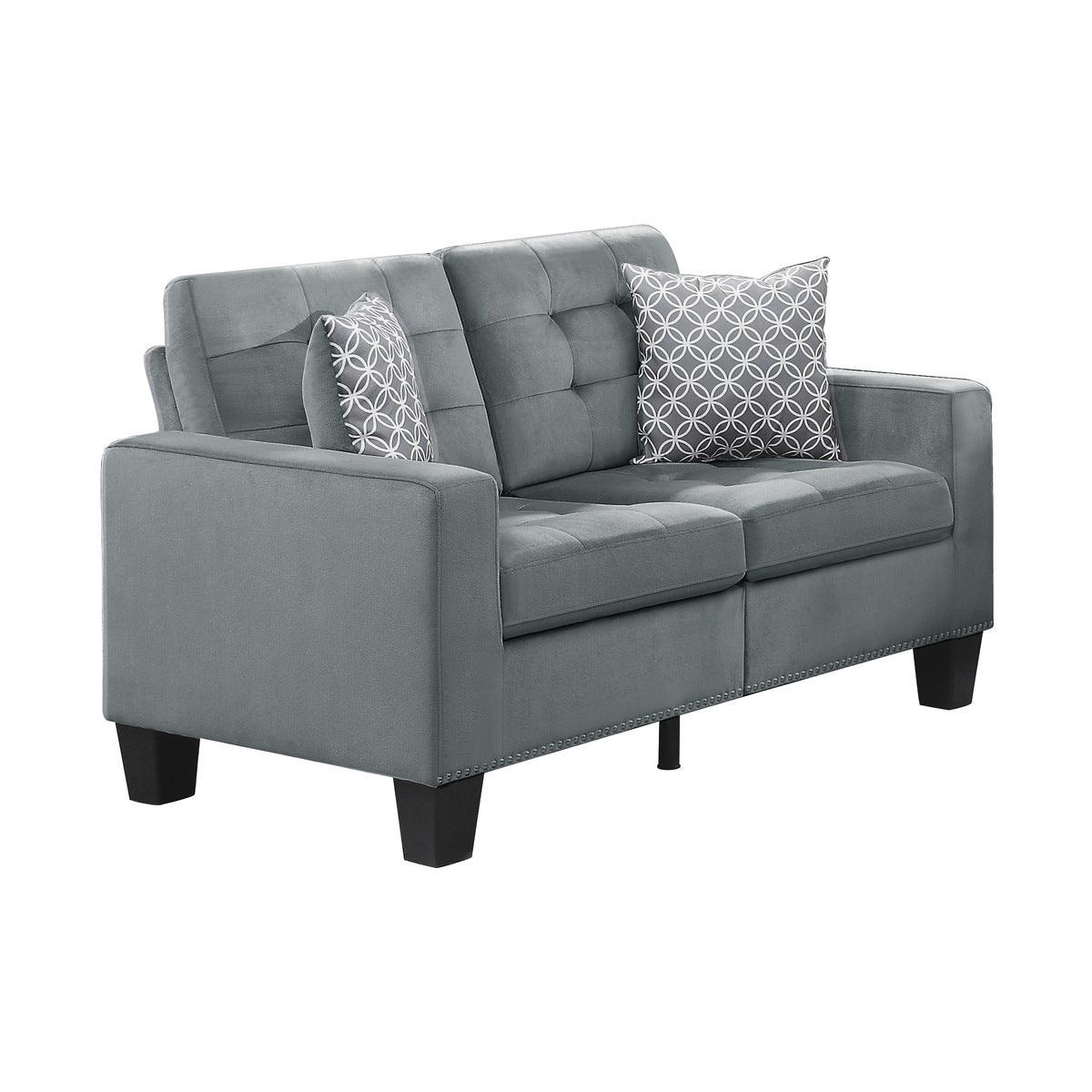 Lantana Gray Tufted Fabric Loveseat angled view