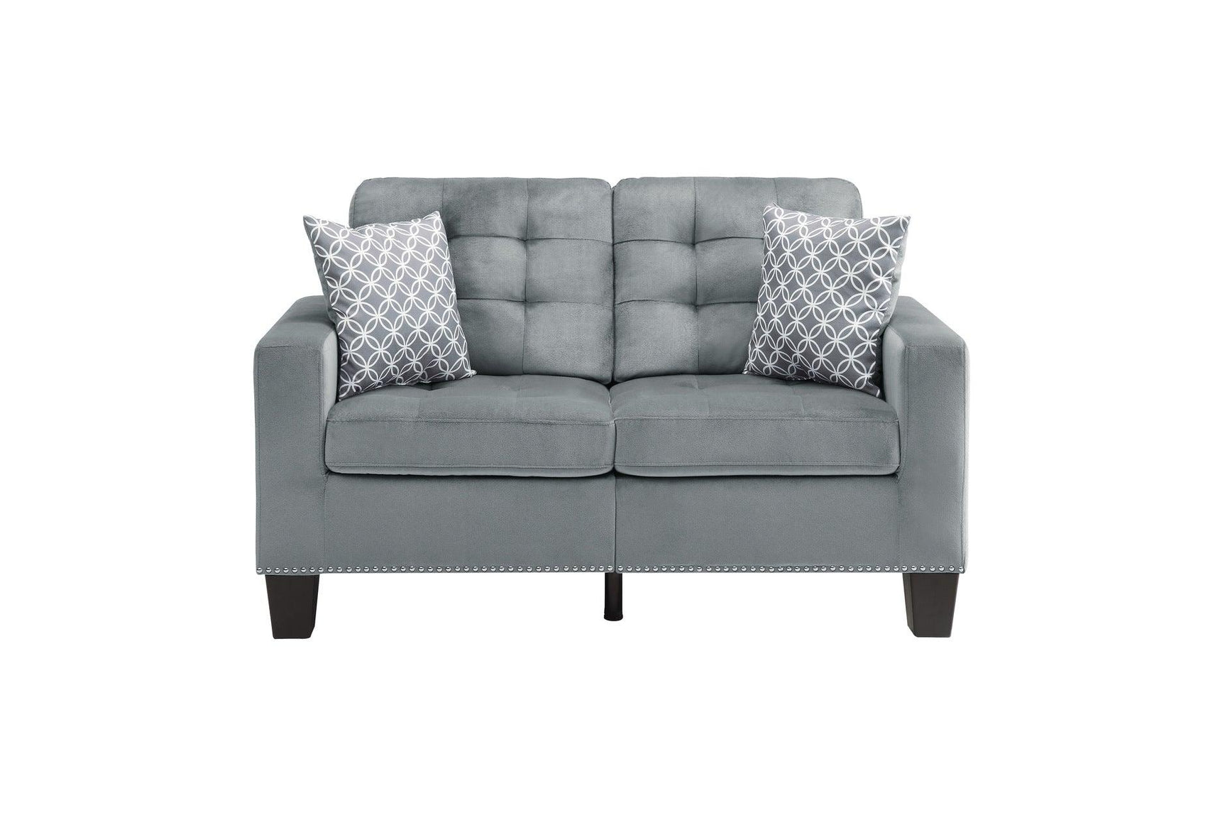Close-up detail of tufting on loveseat seating