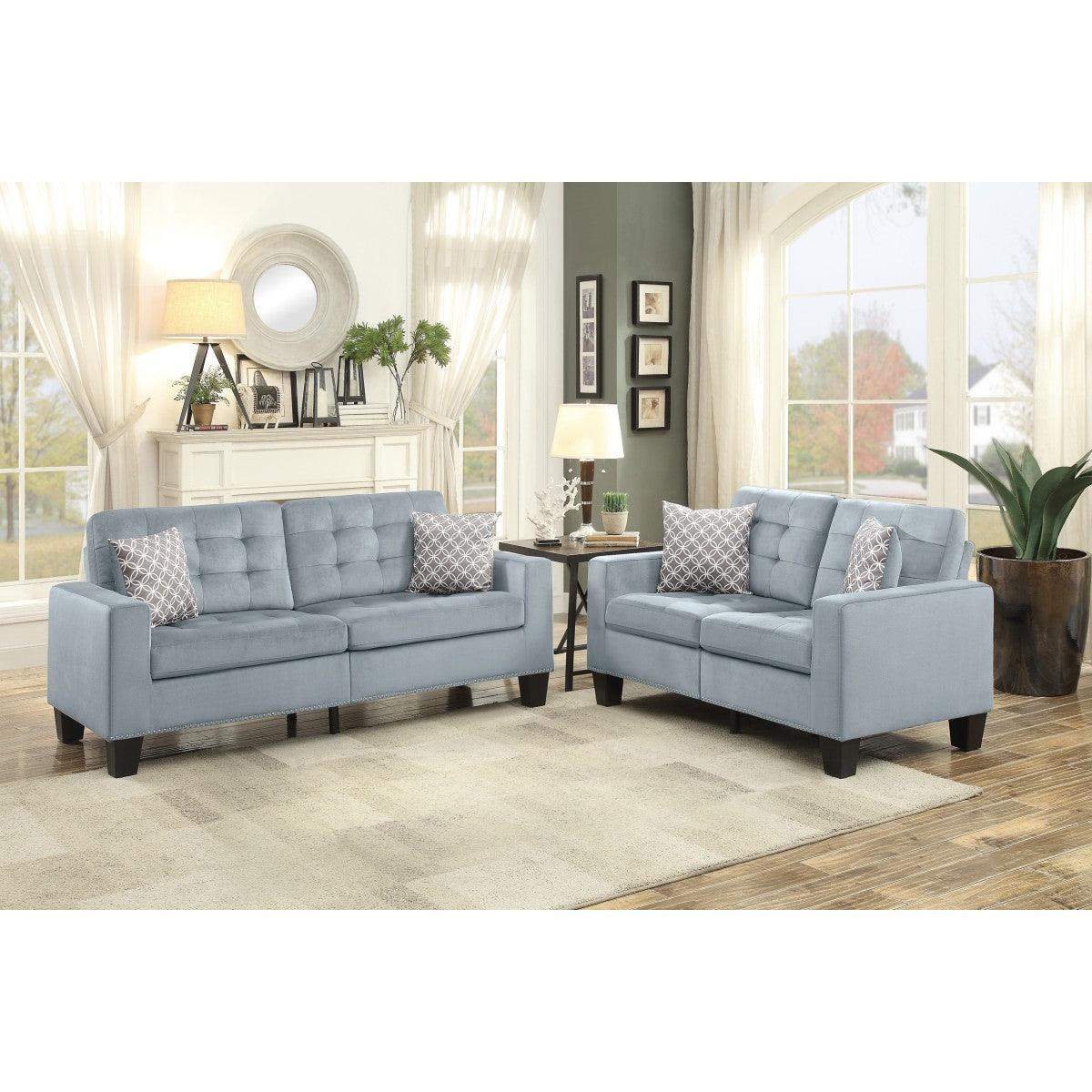 Side angle of Lantana Gray Tufted Sofa and Loveseat Set