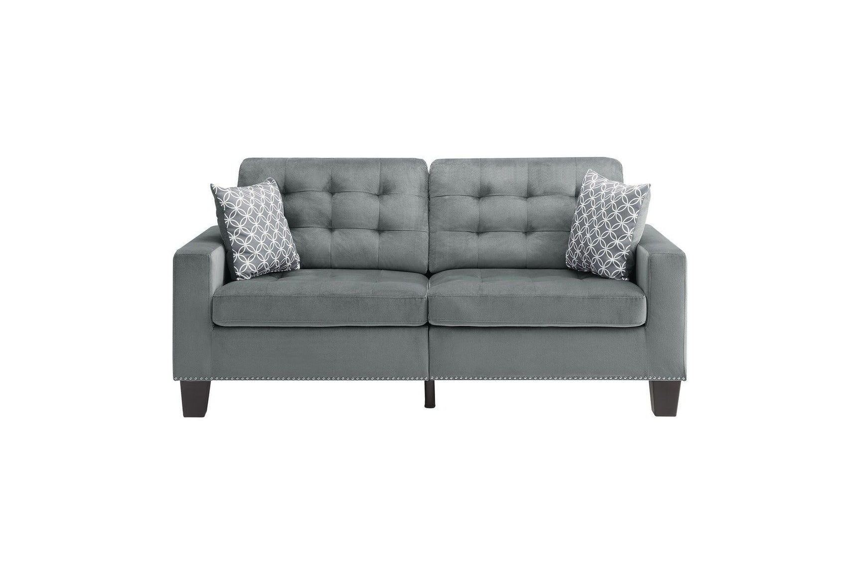 Side view of Lantana Gray Fabric Tufted Loveseat