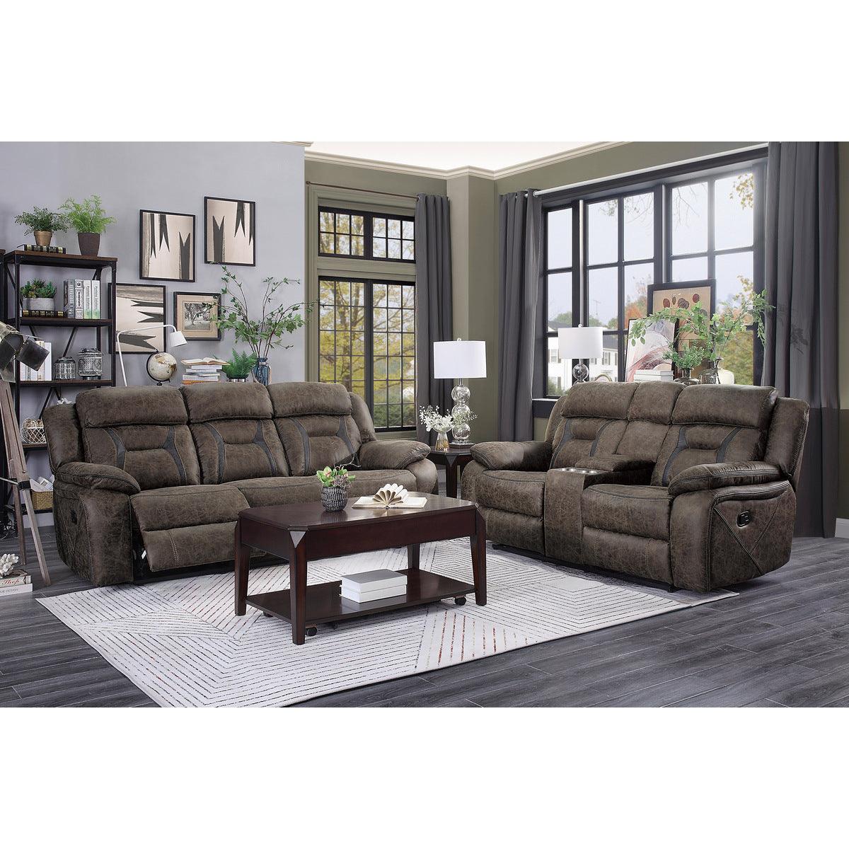 Madrona Hill Dark Brown Polished Microfiber Upholstery Double Reclining Love Seat Center Console - Ella Furniture