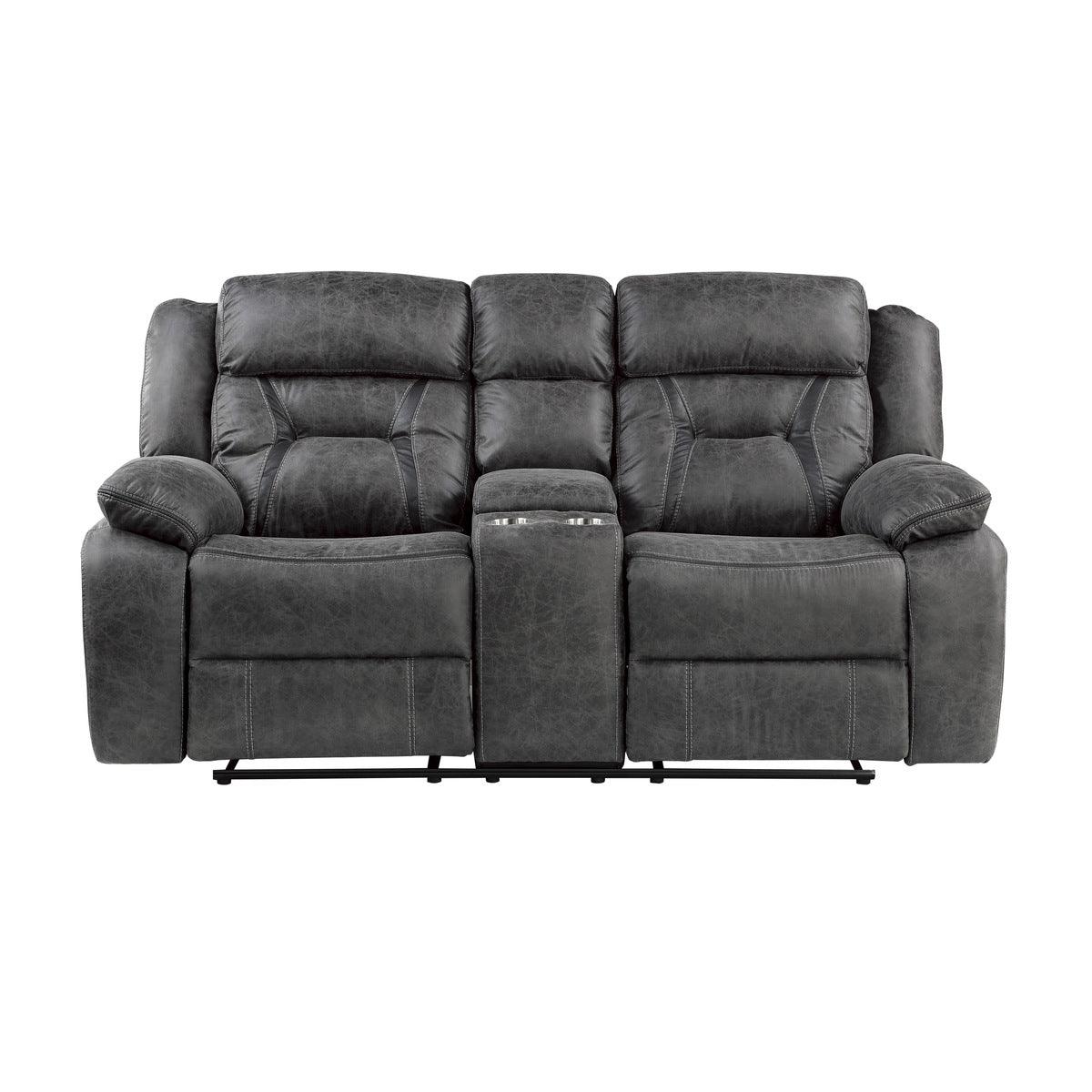 Madrona Hill Gray Polished Microfiber Upholstery Double Reclining Love Seat With Center Console - Ella Furniture