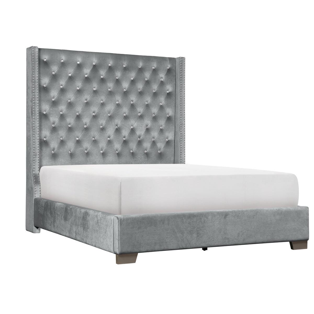 Jacklyn Gray gray tufted faux leather king panel bed - close-up headboard