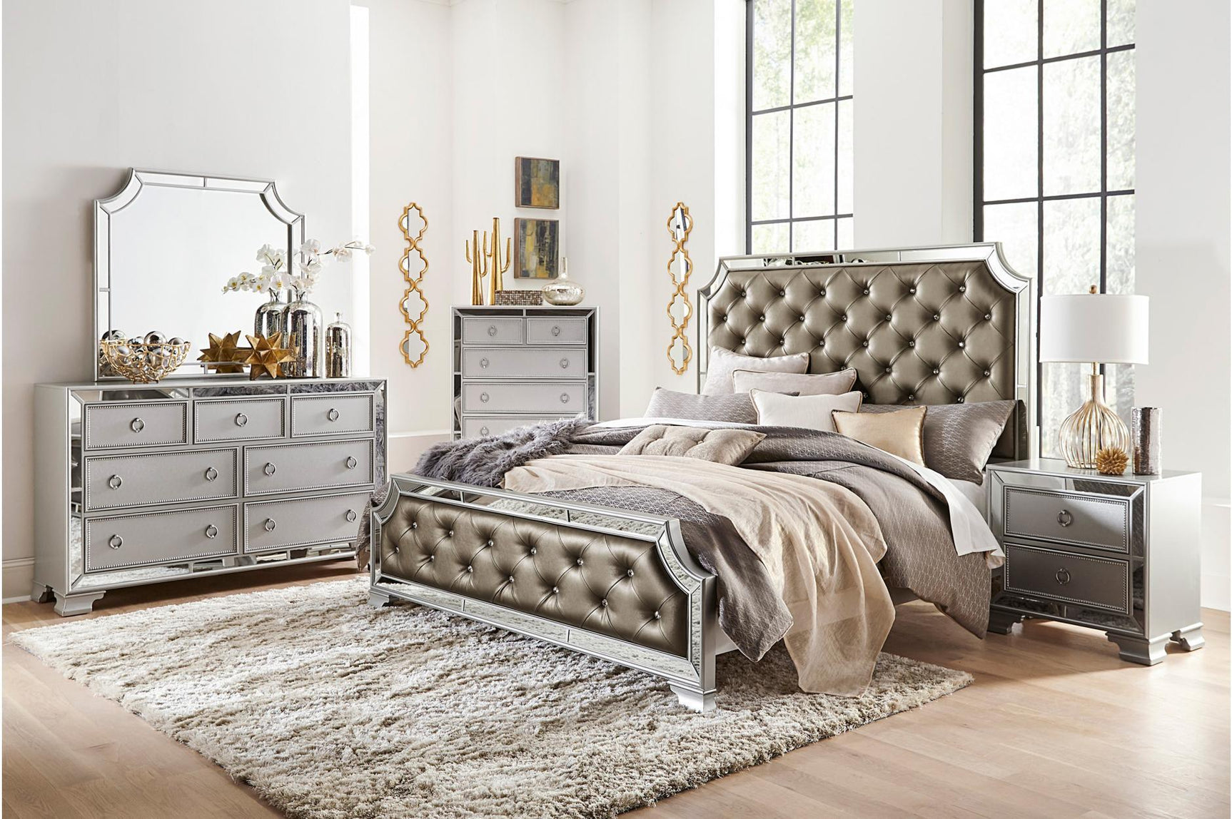 main view of Avondale Silver Upholstered Tufted Panel Bedroom Set bed