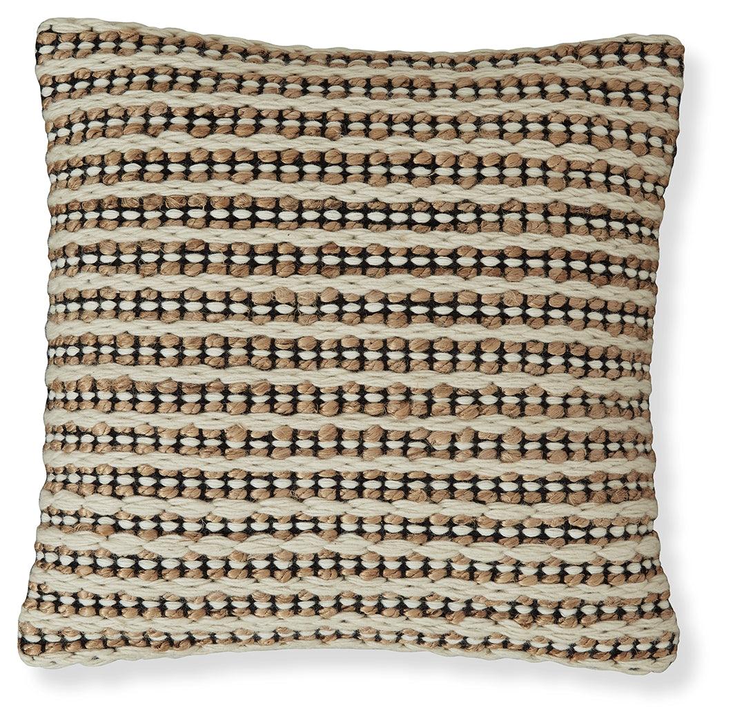 Nealington pillow front angled view with rustic brown, black, white stripes