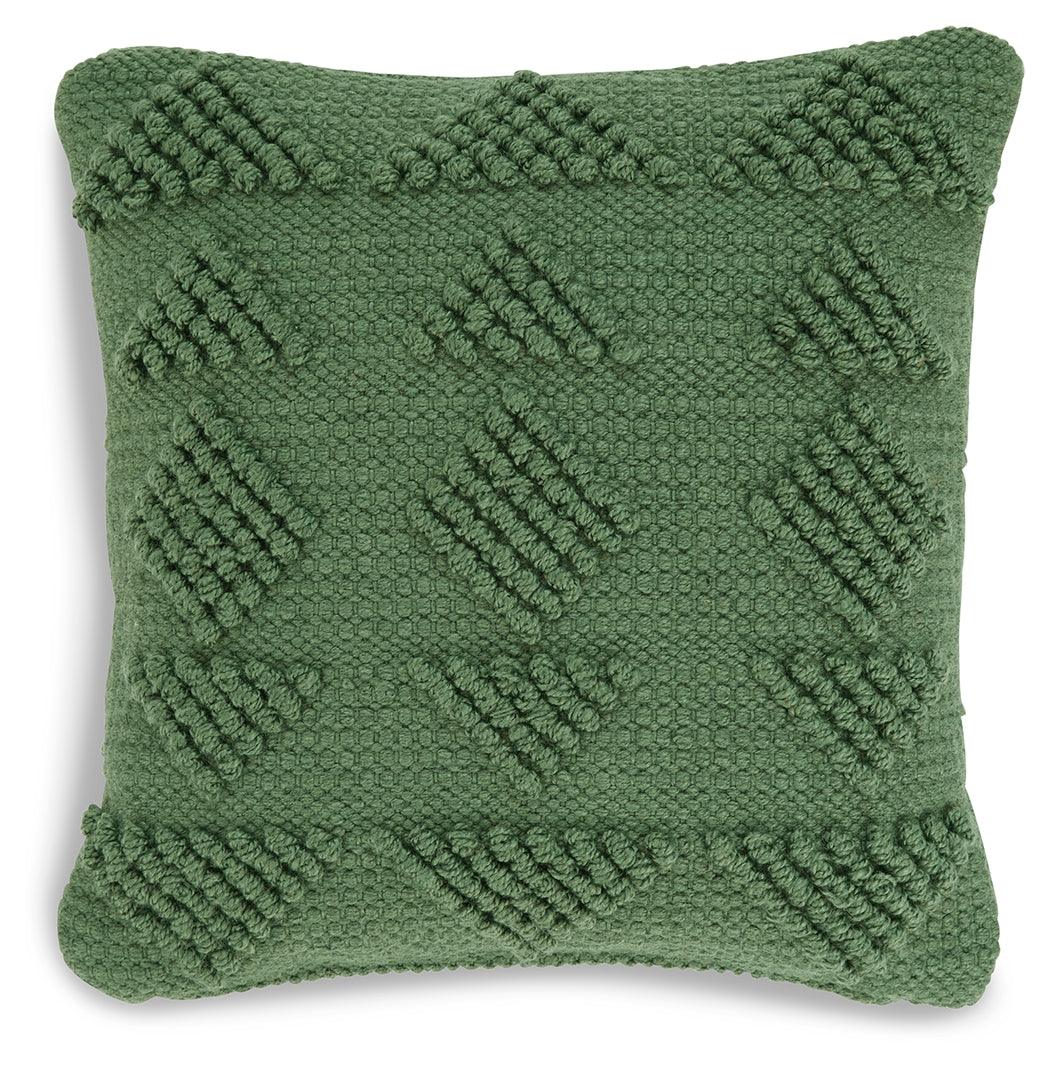 Side view of Rustingmere Green Pillow with handwoven texture