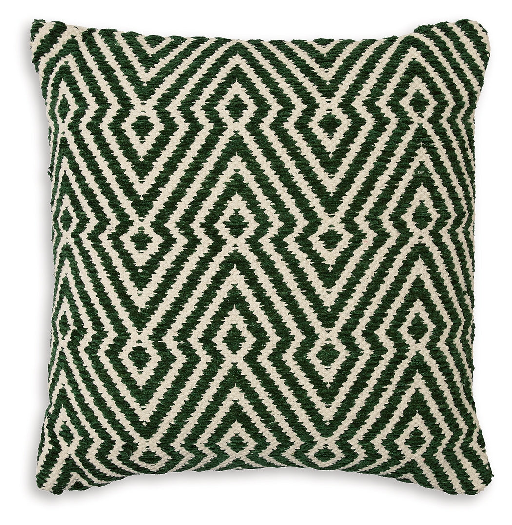 Side view of Digover green and ivory pillow with zipper closure