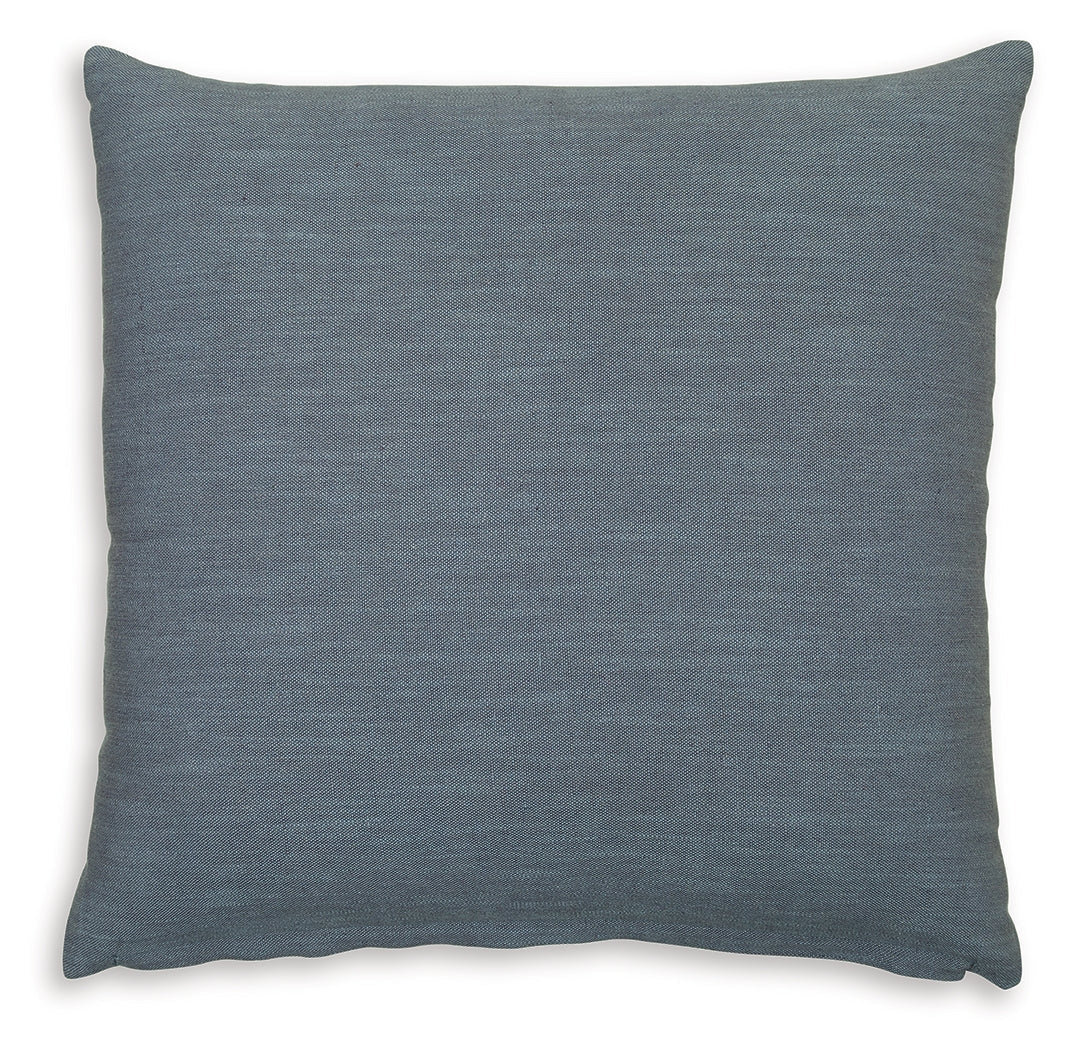 Side angle of Thaneville Blue Pillow highlighting thickness and fabric texture