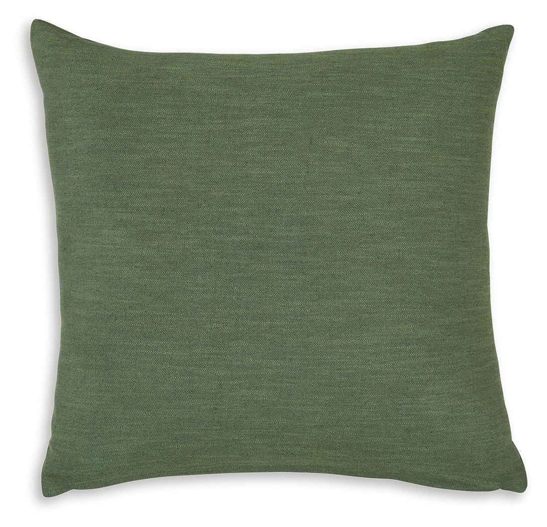 Side view of Thaneville Green Pillow showing knife edge detail