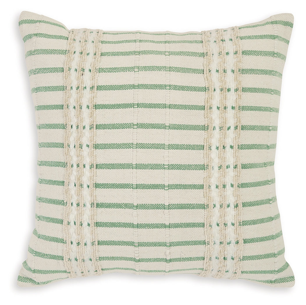 Side angle of Rowton white and green striped pillow
