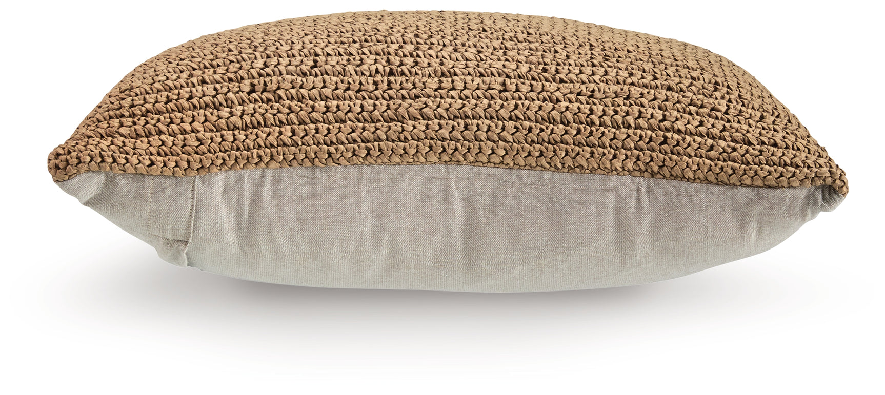 Back view of Habenvale tan pillow showing solid beige cotton reverse