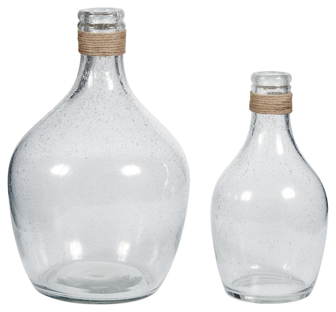Close-up of Marcin clear glass vase with rope tie around bottleneck