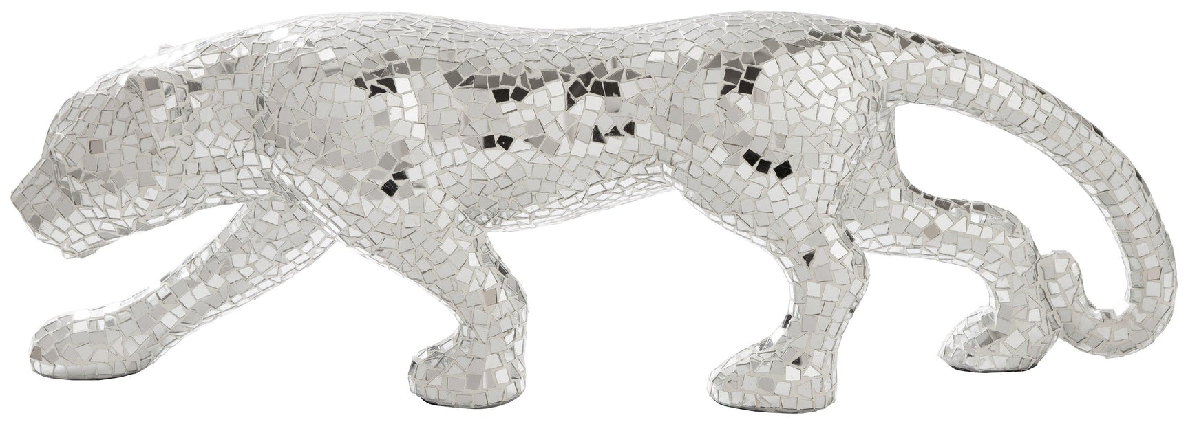 Close-up detail of mirrored mosaic panther sculpture