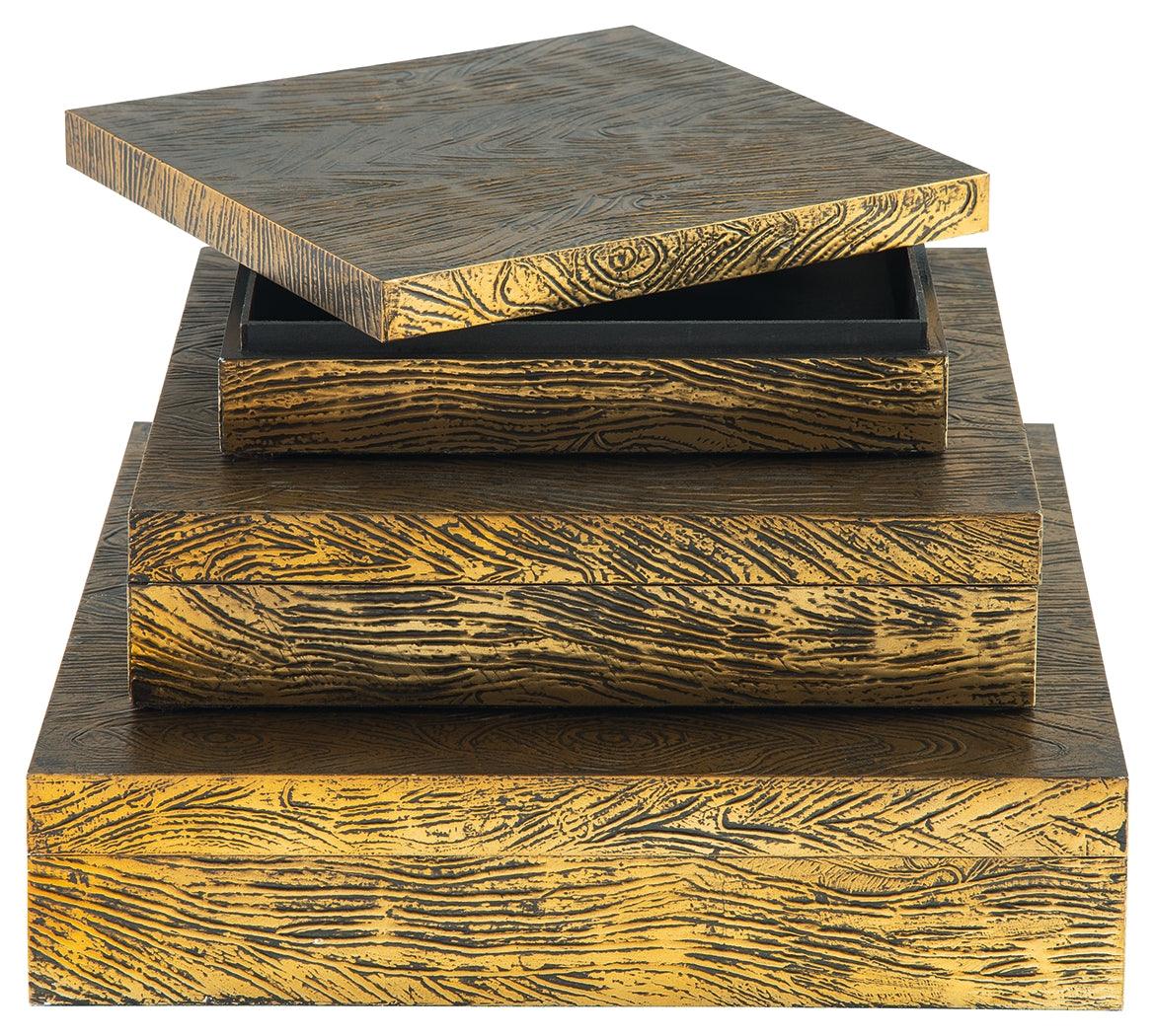 Close-up detail of antique brass finish on Keldy box