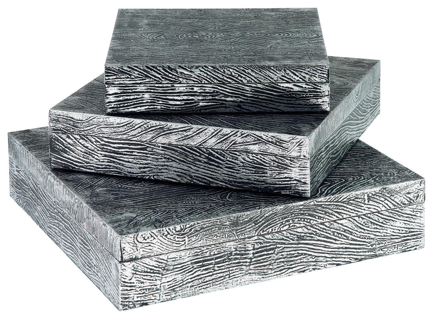 Keldy set of 3 antique pewter finish decorative boxes, top open view